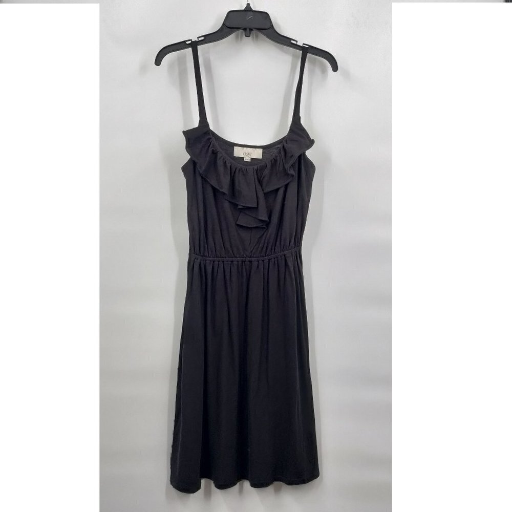 Loft Spaghetti Strap Elastic Waist Ruffled Flared Mini Casual Dress Medium Black